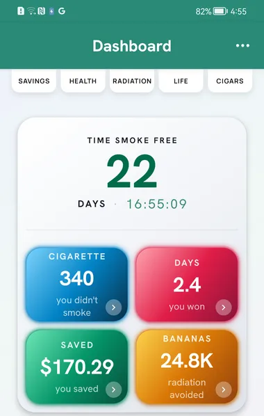 The SmokOver dashboard counting money saved and time smoke free